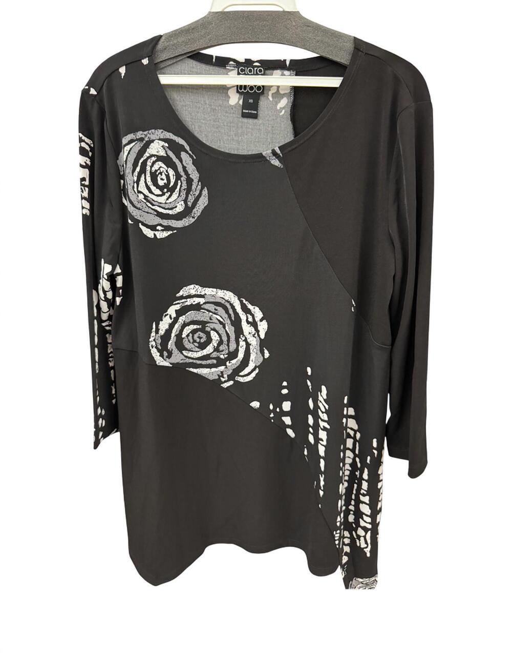 NEW CLARA SUN WOO women's rose print 3/4 sleeve tunic in black